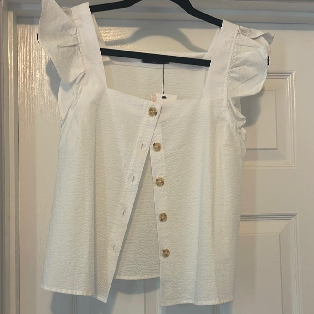 White Ruffled Button-Down Top, NWT